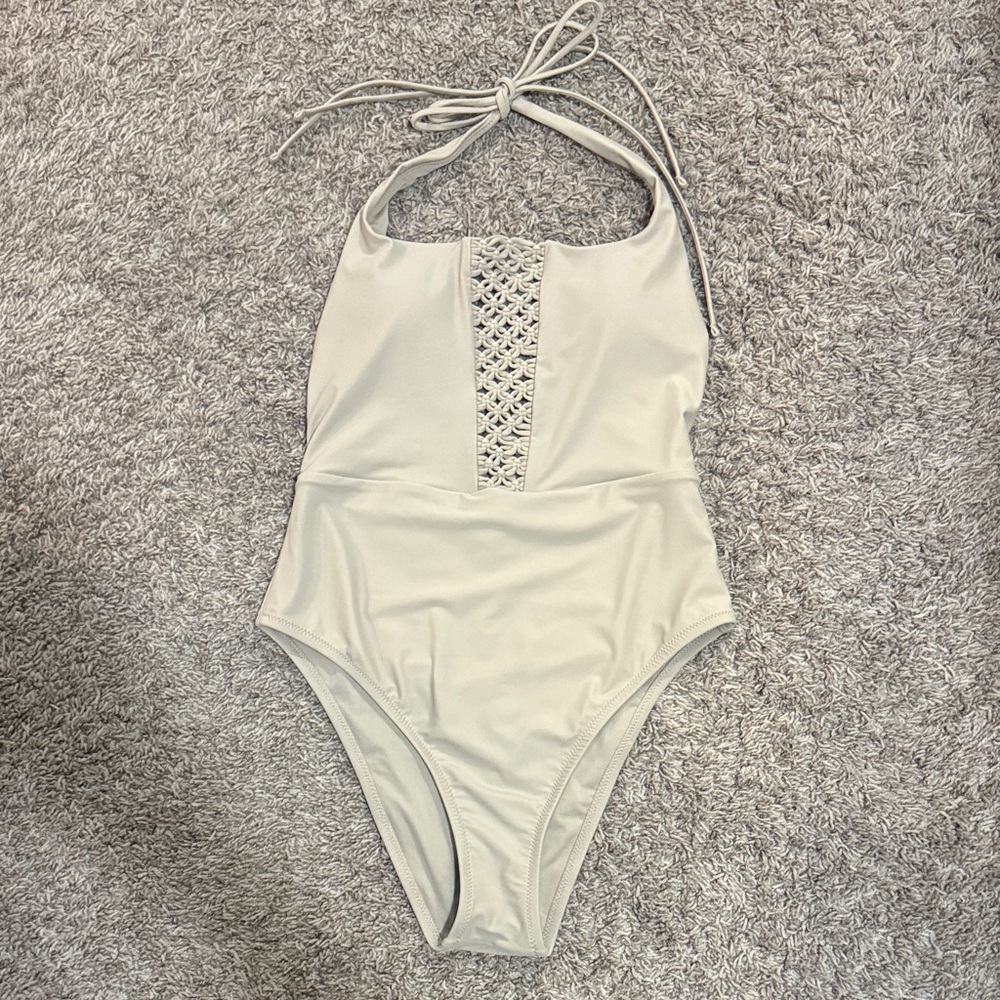 Aerie Cream Halter One Piece Swimsuit